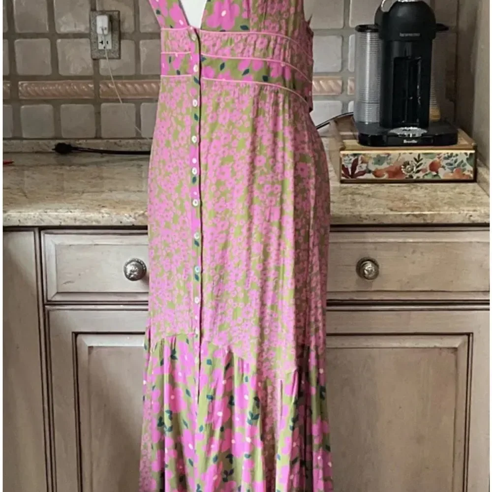 Free People Dewberry Floral Maxi Dress Printed Button Back CrossStrap Pink Olive - Picture 4 of 5
